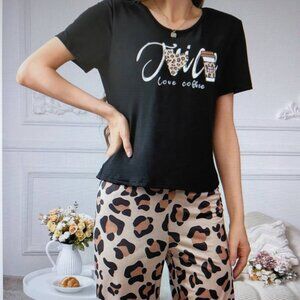 Leopard & Coffee Color Printed Short Sleeve Top And Pants Women's Pajama Set